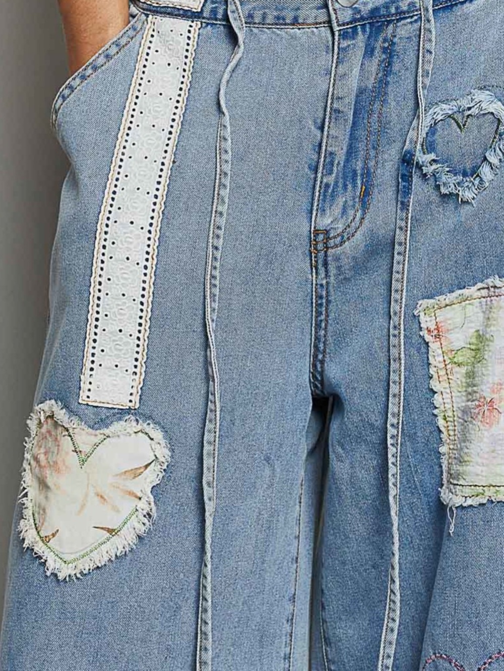 POL Light Wash Denim Stretchy Waist Floral heart Patchwork Wide leg Denim Jeans - Picture 3 of 7